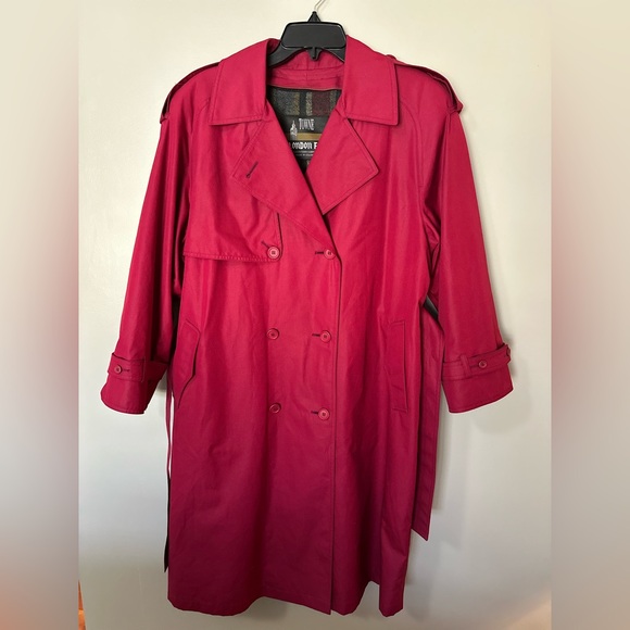 London Fog Fuchsia Trench Coat Women’s 12 Petite Plaid Lined Double Breasted - Picture 1 of 11
